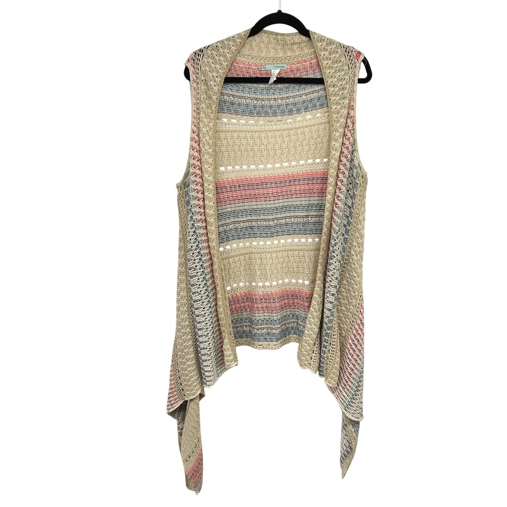 Boho Open Knit Waterfall Cardigan Vest L XL Coastal Festival Crochet Duster